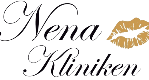 Nenakliniken logotyp, romantiskt typsnitt med guldiga läppar